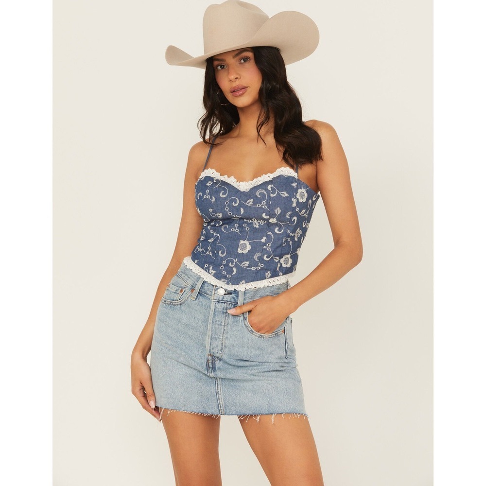 Nwt Shyanne Blue Denim Embroidered Corset Top Size M